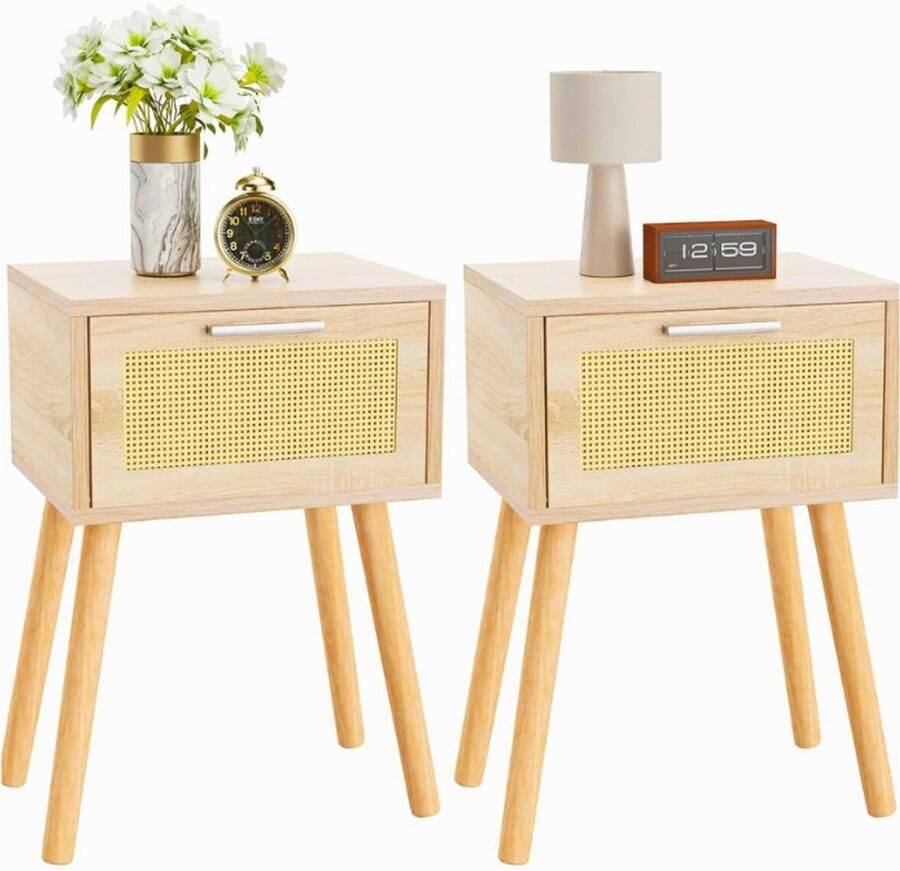 PEAM Set van 2 Rotan Nachtkastjes – Boho Bijzettafels Met Magnetische Lade – Massief Houten Poten – 35x40x56 cm – Voor Woonkamer Kantoor & Slaapkamer – Natuurlijk Design