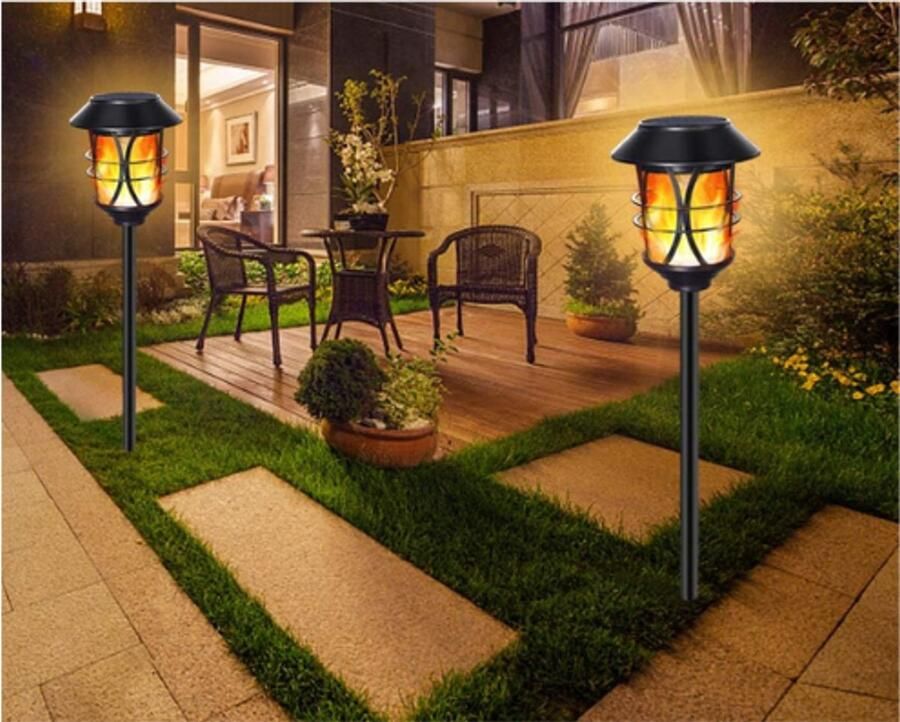 PEAM Set van 2 Solar Vlam Lichten – Flikkerende Tuinverlichting Metalen Solar Lampen Waterdicht Auto Aan Uit