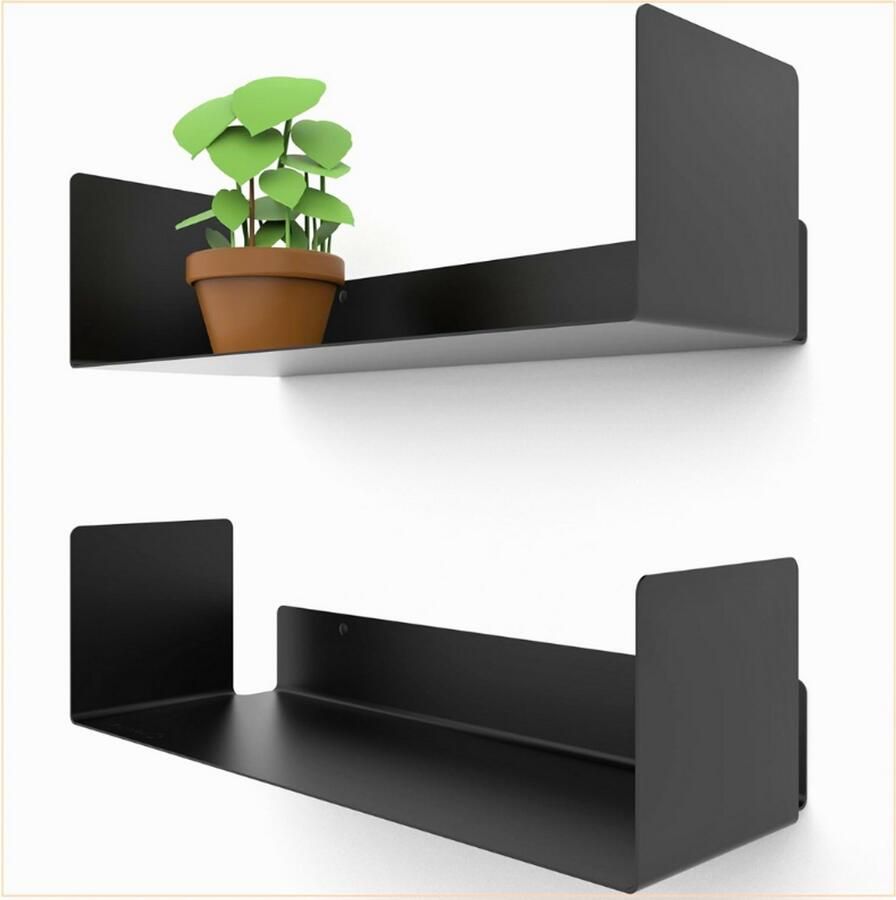 PEAM Set van 2 Zwarte Wandplanken [42cm] – Modern Design – Hoogglans Hangplank Voor Kantoor & Woonkamer