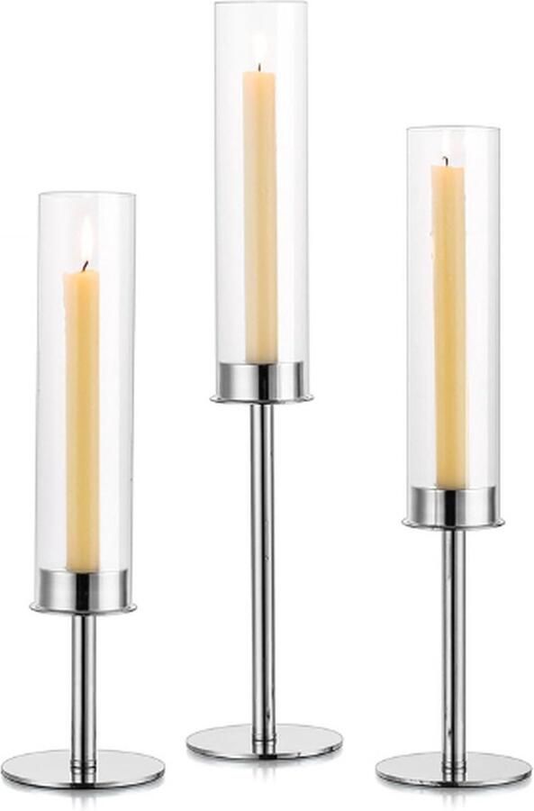 PEAM Set Van 3 Zilveren Kandelaar Houders Voor Bruiloft Lange Taper Kaarsenhouder Met Verwisselbare Glazen Kaarsenstandaard Voor Kerst Tafel Middenstuk