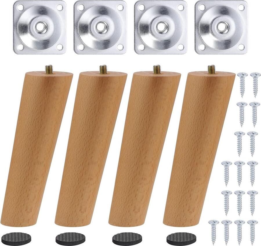 PEAM Set van 4 Massief Beuken Houten Meubelpoten 15 Cm Vervangende Tafel- En Bankpoten Met Montageplaat En Antislip Bescherming