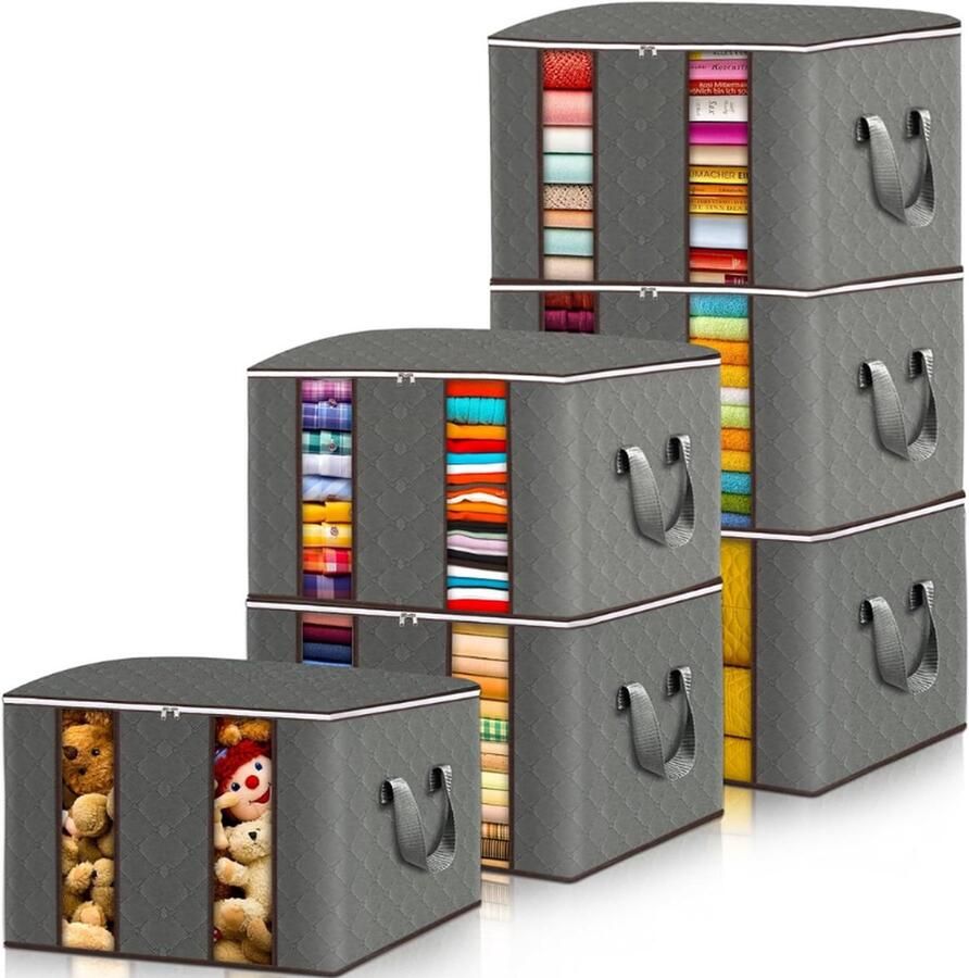 PEAM Set van 6 Opbergzakken (85L) Grijze Kledingkastorganizer Voor Kleding Dekbedden En Beddengoed Opvouwbare Opbergdozen