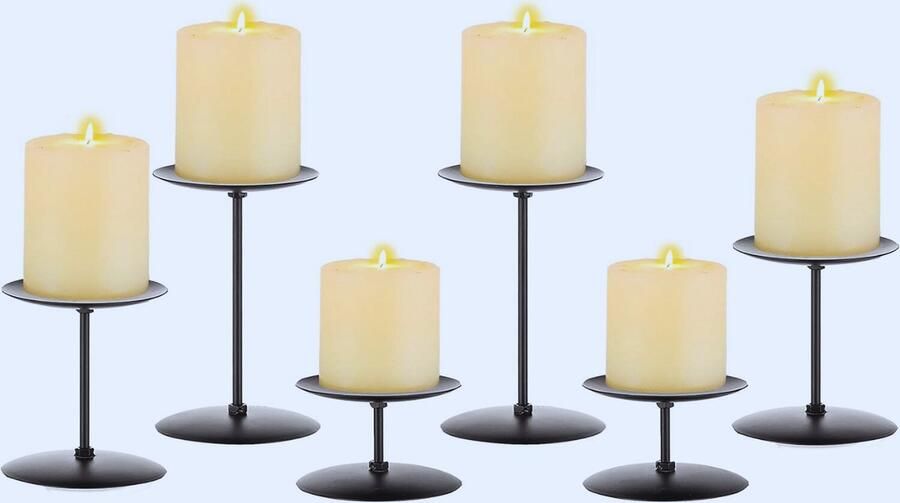 PEAM Set Van 6 Zwarte Metalen Kandelaars Voor Pilaar – Moderne Kerstdecoratie Voor Eettafel Schoorsteenmantel En Bruiloft