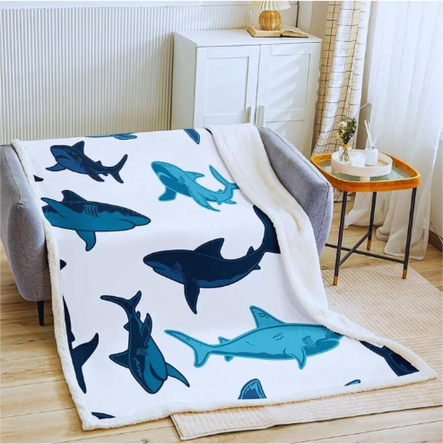 PEAM Sherpa-Deken Met Dierenthema Haaipatroon Zeeleven Fleece Plaid Voor Kinderen Jongens Meisjes Onderwaterwereld Fuzzy Slaapbank Bank Luxe Schattige Dieren Decor Baby 76 x 106 cm Veelkleurig