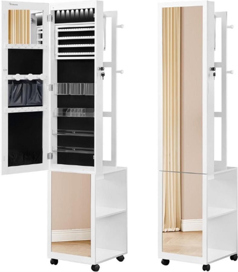 PEAM Sieraden- En Kledingkast Met 8 Leds 164 6 Cm Sieradenopbergsysteem Met 1 Kledingrek Afsluitbare Volledige Lengte Spiegel Met 4 Wielen Opslag Planken Met Haken Wit En Zwart