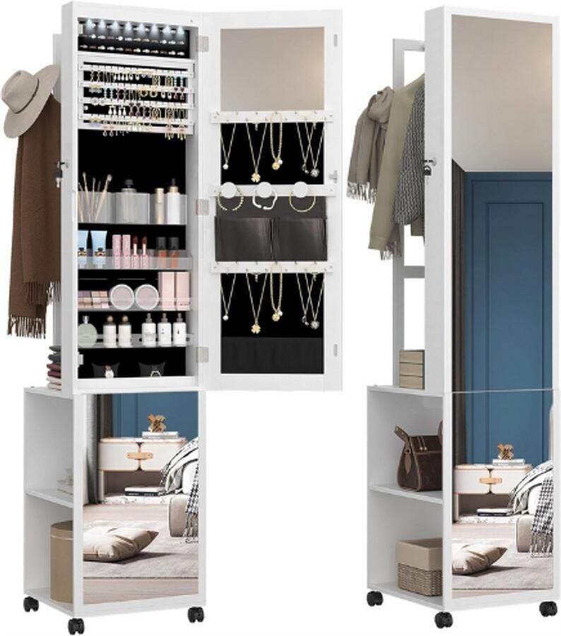 PEAM Sieradenkast Met Spiegel En Led Verlichting 164.6 cm Opbergkast Met Kledingrek En Haken Afsluitbaar Met Wielen Wit En Zwart JC17003B