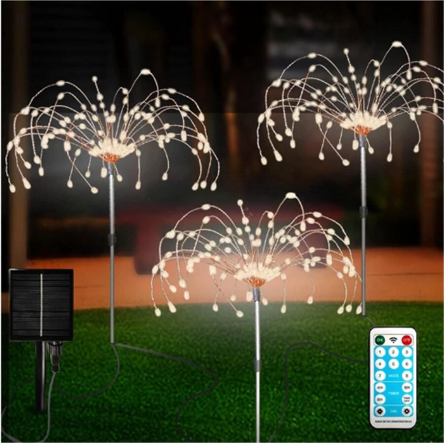 PEAM Solar Tuinverlichting – Set van 3 – Vuurwerk LED Solar Lampen met Afstandsbediening – 8 Modes – 120 LEDs – Waterdicht