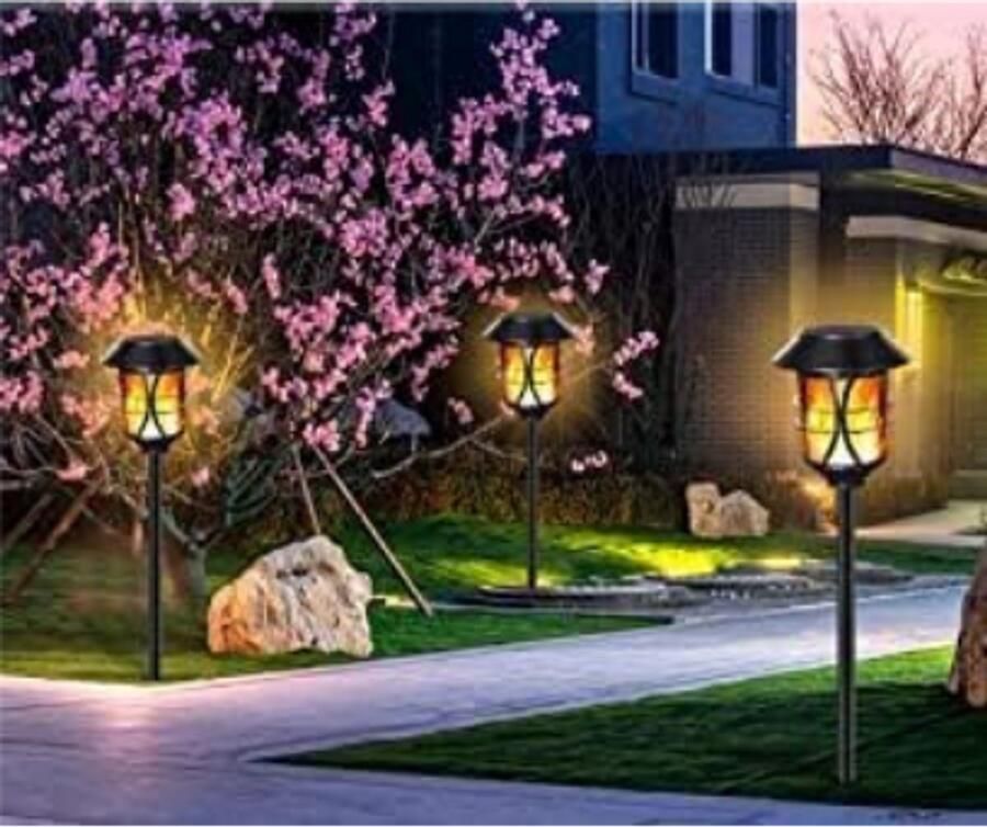 PEAM Solar Vlam Lichten Set Van 2 Flikkerende Solar Vlam Lampen Metalen Design Waterdicht Automatisch Aan Uit Outdoor Tuin & Terras Verlichting