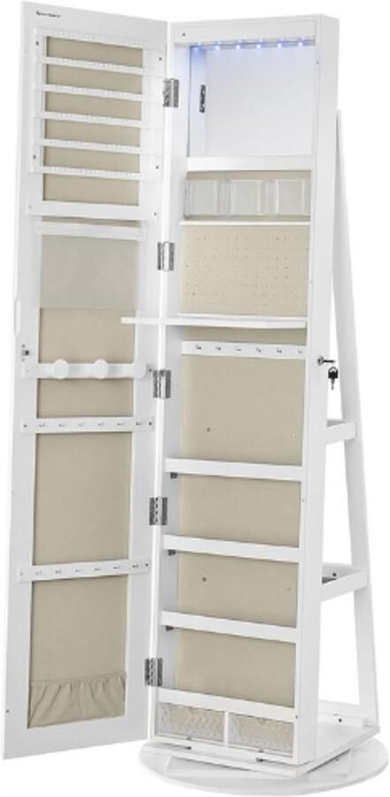 PEAM Spiegeljewelenkast Met 6 LEDs 360° Draaibare Sieradenopbergorganizer Afsluitbaar Vrijstaand Frameloos Volledige Lengte Opslag Wit Oppervlak Greige Voering