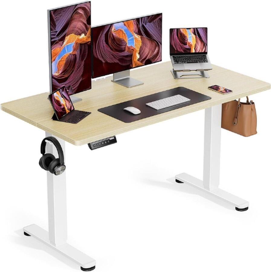 PEAM Sta-Bureau 120 X 60 Cm In Hoogte Verstelbaar Elektrisch Sta-Bureau Zit-Sta Bureau Met Splitplank Sta-Bureau Met Rugzakhaak En Slim Paneel Met 4 Geheugenstanden Bureau Thuiskantoor (Naturel)