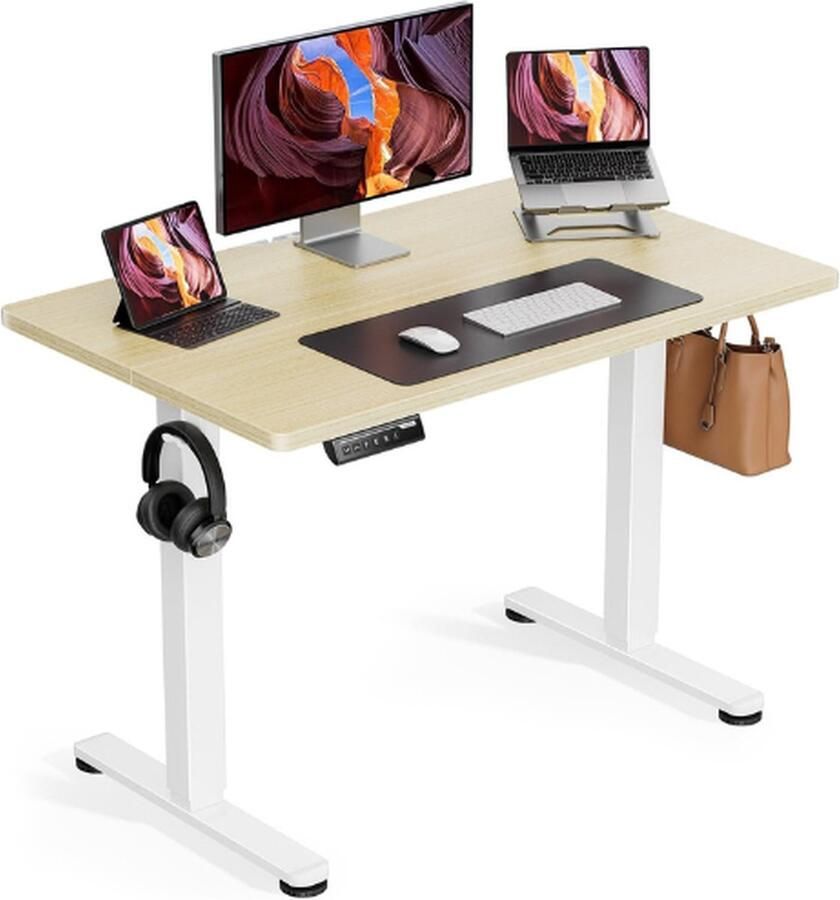 PEAM Stabureau 100 x 60 Cm In Hoogte Verstelbaar Elektrisch Sta-Bureau Zit-Sta Bureau Met Gesplitste Plank Sta-Bureau Met Rugzakhaak En 4 Geheugenslim Pannel Thuiskantoor Bureau Natuurlijk