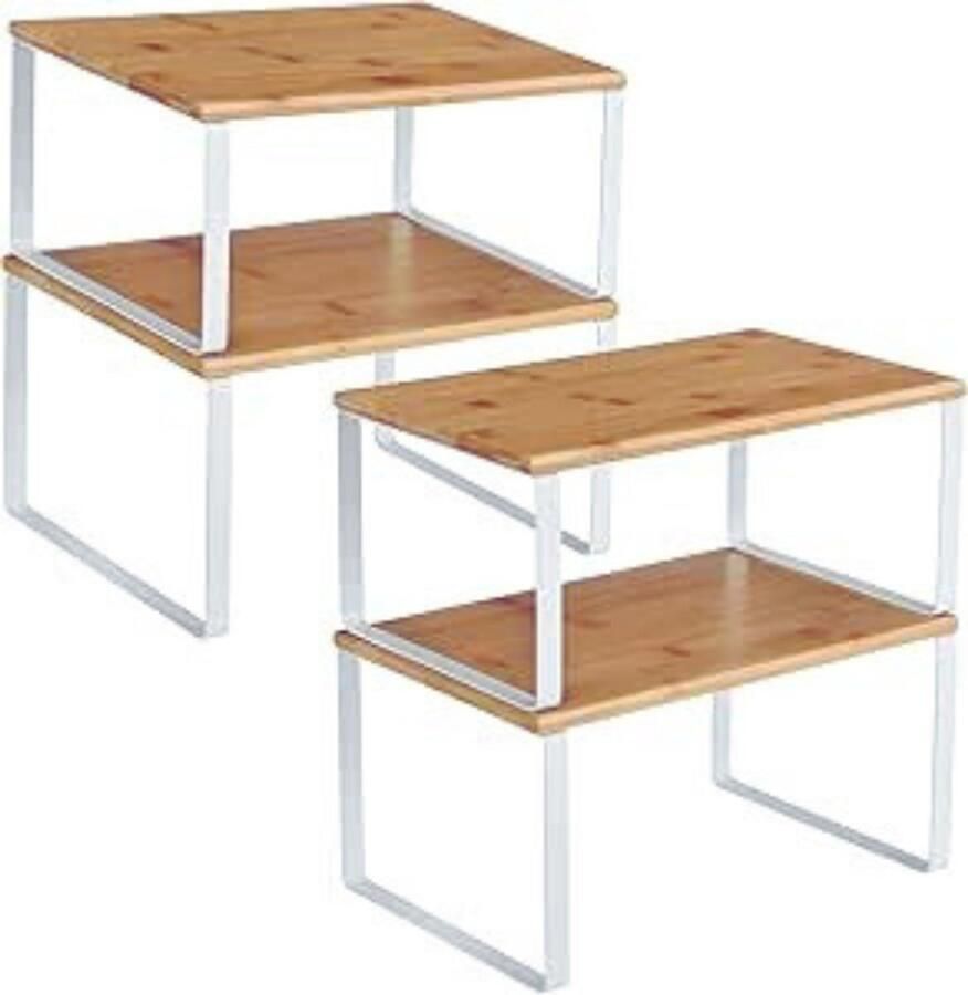 PEAM Stapelbare & Uitbreidbare Keukenopberger – 4 Planken – Kast Organizer Van Metaal & Bamboe – Wit Naturel