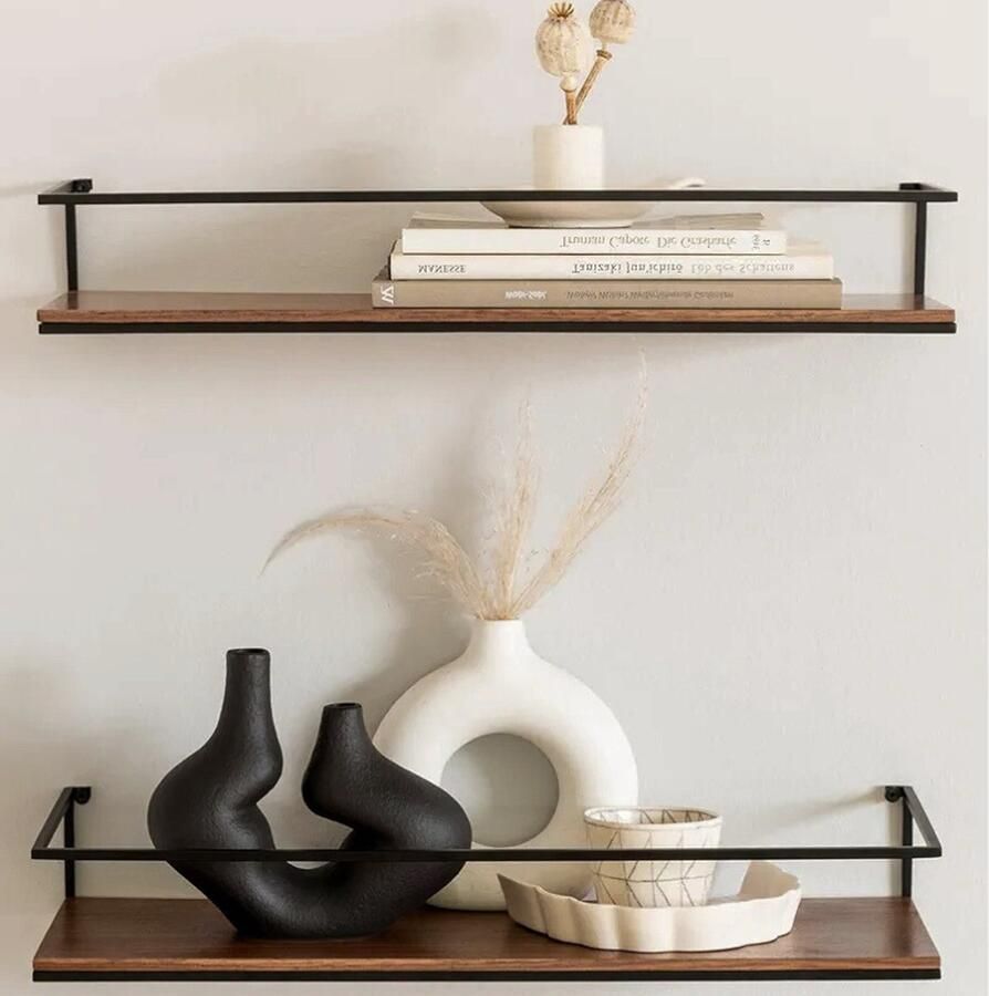 PEAM STENN Wandplanken Set Zwevende Planken van Metaal en Echt Houtfineer Houten Planken voor Badkamer Keuken Woonkamer Slaapkamer Walnoot