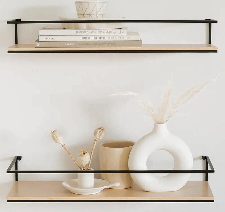 PEAM STENN Wandplanken Set Zwevende Planken Van Metaal En Echt Houtfineer Houten Planken Voor Badkamer Keuken Woonkamer & Slaapkamer Berken