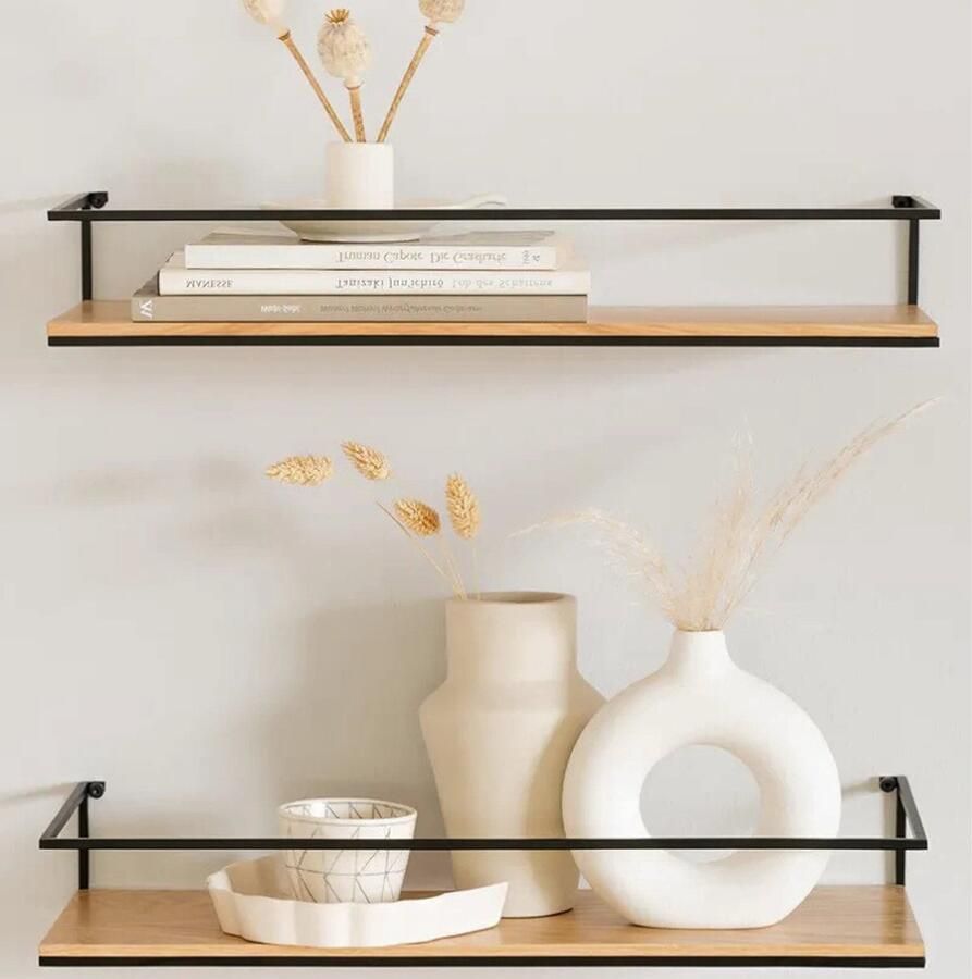 PEAM STENN Wandplanken Set-Zwevende Planken Van Metaal En Echt Houtfineer -Houten Planken Voor Badkamer Keuken Woonkamer & Slaapkamer Eiken