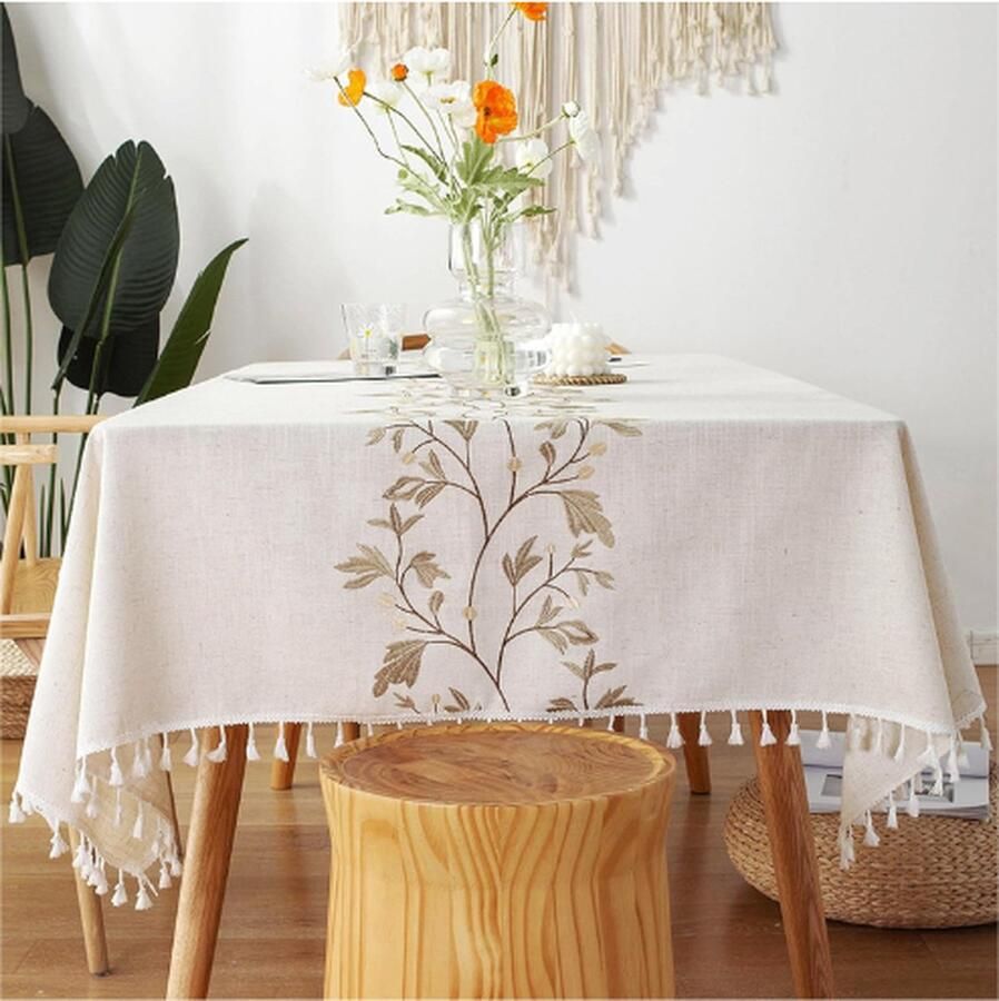 PEAM Tafelkleden Rechthoekig Wasbaar Katoenen Linnen Tafelkleed Anti-Rimpel Kwastje Ontwerp Stof Tafelkleed Voor Keuken Eetkamer Buiten Tuin Tafelblad 55 X 71 Inch