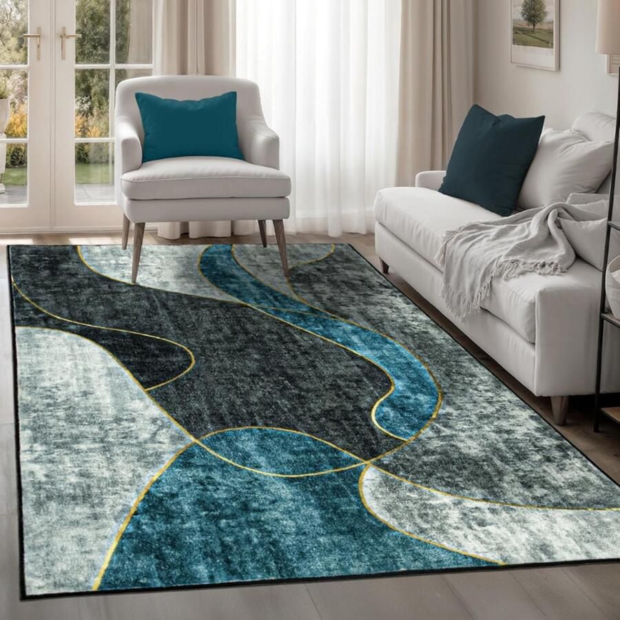 PEAM Tapis Design Grijs Vloerkleed 200x300cm Zacht Laagpolig Antislip Wasbaar Modern Tapijt Voor Woonkamer & Slaapkamer Blauw Donkergrijs