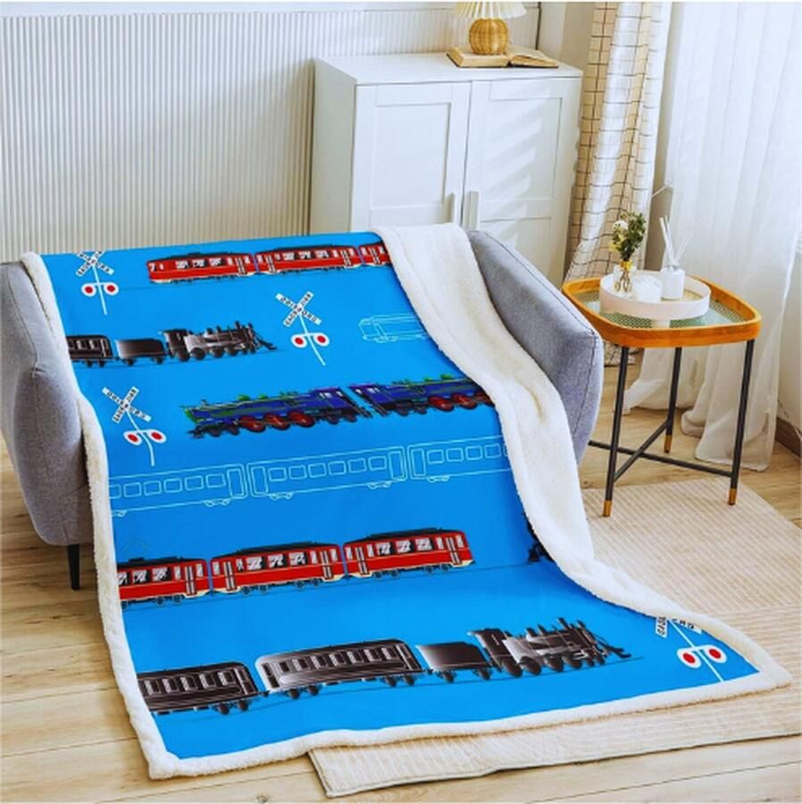PEAM Train Kids Jongens Sherpa Deken Retro Stoommotor Peuter Fleece Gooi Deken Voor Tieners Spoorweg Track Transport Fuzzy Deken Voor Slaapbank Rood Blauw Zwart Baby 76x105 cm