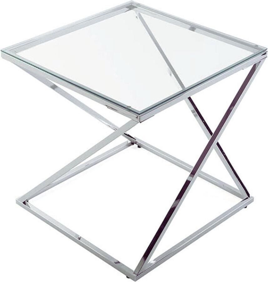 PEAM Trento Moderne Bijzettafel Van Glas En Metaal – Zilveren Salontafel Voor Woonkamer Slaapkamer & Keuken – 51x51x51 cm