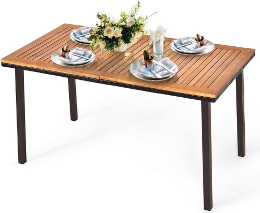 PEAM Tuintafel Met Paraplugat Eettafel Van Acaciahout Houten Buitentafel Met Metalen Poten 140 x 75 cm Voor 6 Tot 8 Personen