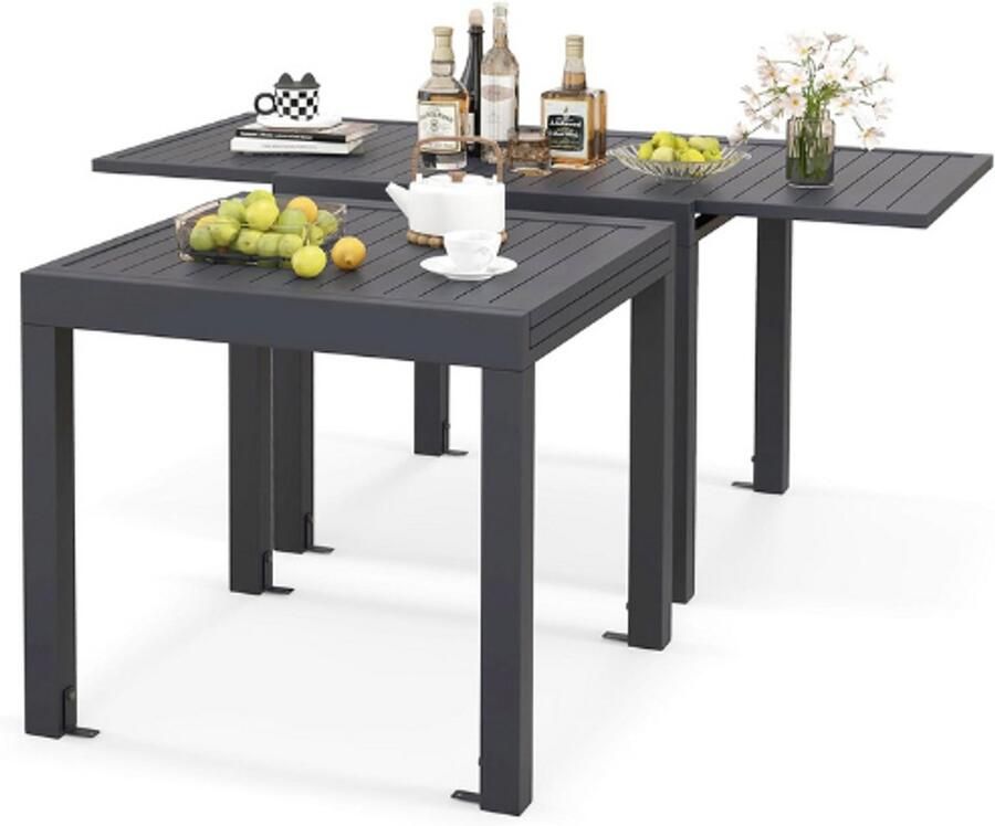 PEAM Tuintafel Uittrekbaar – Verstelbare Eettafel Voor 4-6 Personen – Uittrekbare Bistrotafel 80-160 cm – Weerbestendig Aluminium Frame – Donkergrijs – Voor Binnenplaats Tuin en Zwembad