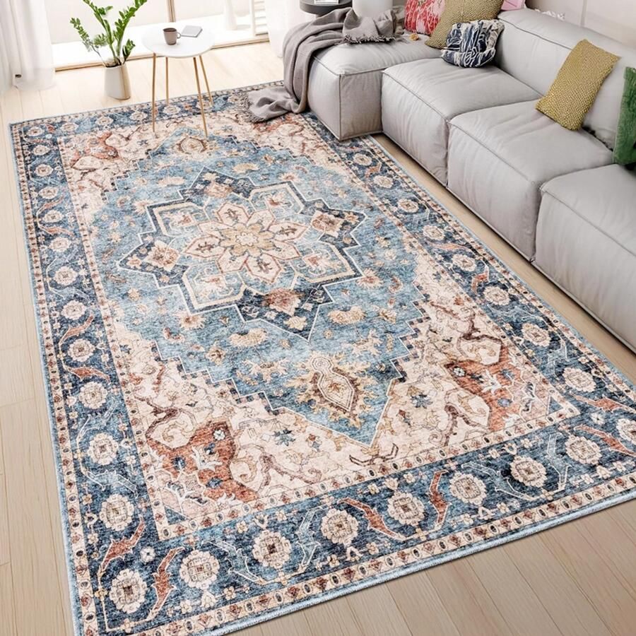 PEAM Vintage Blauw Ivoor Laagpolig Vloerkleed Machinewasbaar Tapijt 160x230 Cm Antislip & Pluisvrij Voor Woonkamer Slaapkamer & Keuken