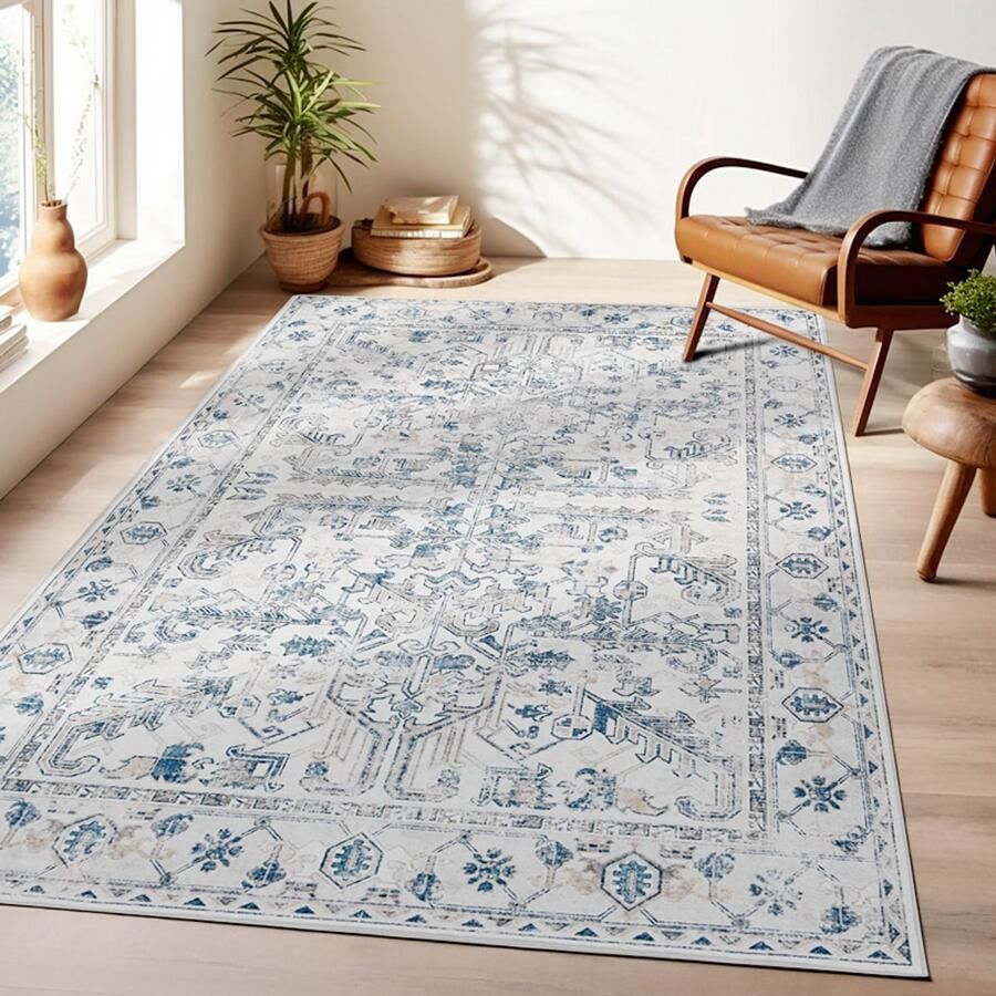 PEAM Vintage Blauw Vloerkleed 180x270 Cm – Wasbaar & Antislip – Dun Licht Tapijt Met Bloemenprint Voor Woonkamer & Slaapkamer