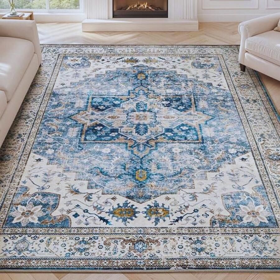 PEAM Vintage Blauw Vloerkleed 180x270 Cm – Wasbaar & Groot – Stijlvol Verontrust Design Voor Woonkamer En Slaapkamer