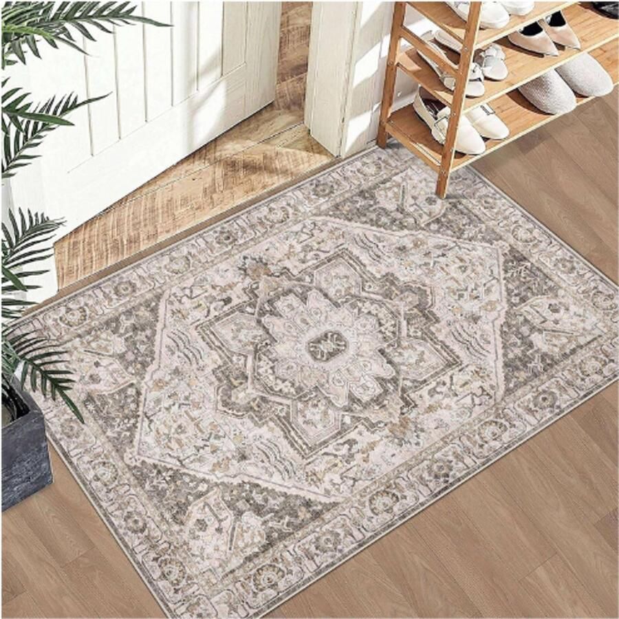PEAM Vintage Klein Vloerkleed Antislip Tapijt 60 x 90 cm Wasbare Deurmat Bruin Neutraal Tapijt voor Woonkamer Slaapkamer Keuken & Entree