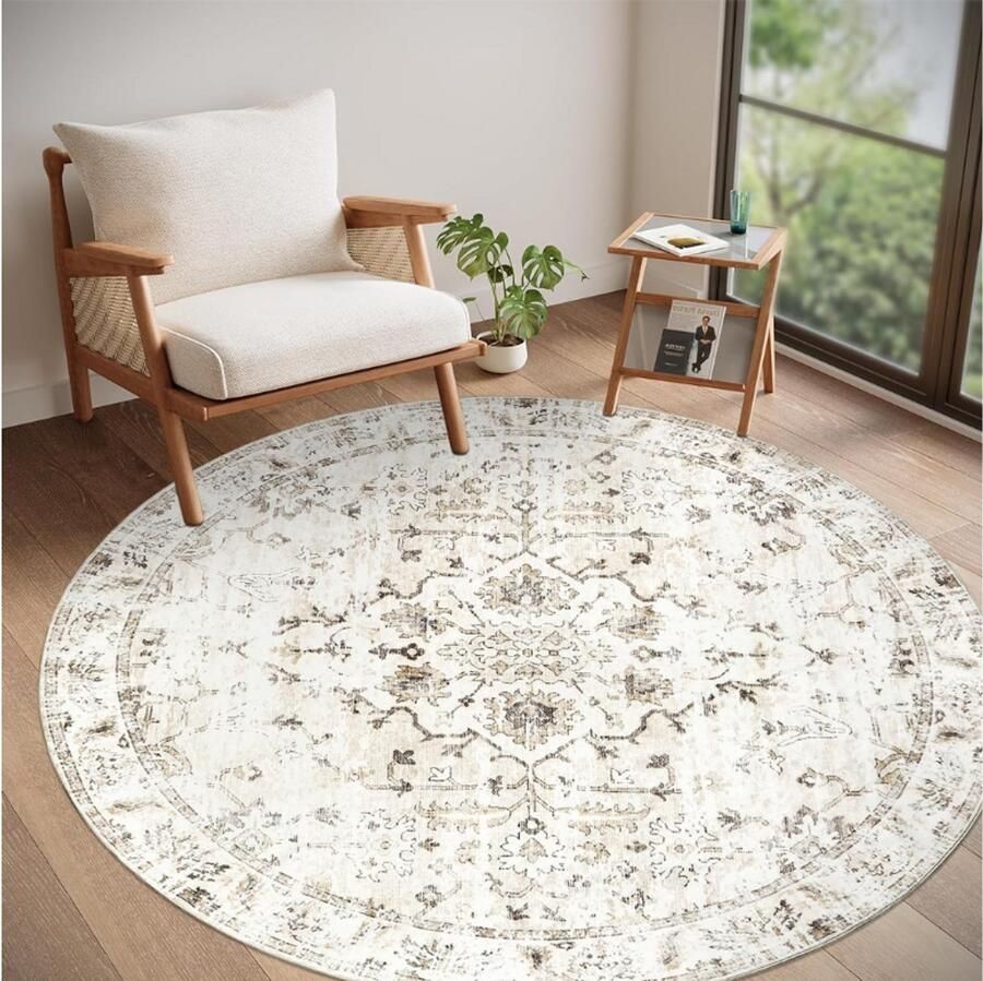 PEAM Vintage Rond Tapijt 160cm Beige Wasbaar Antislip Vloerkleed Voor Slaapkamer Woonkamer Kinderkamer Eetkamer Kantoor