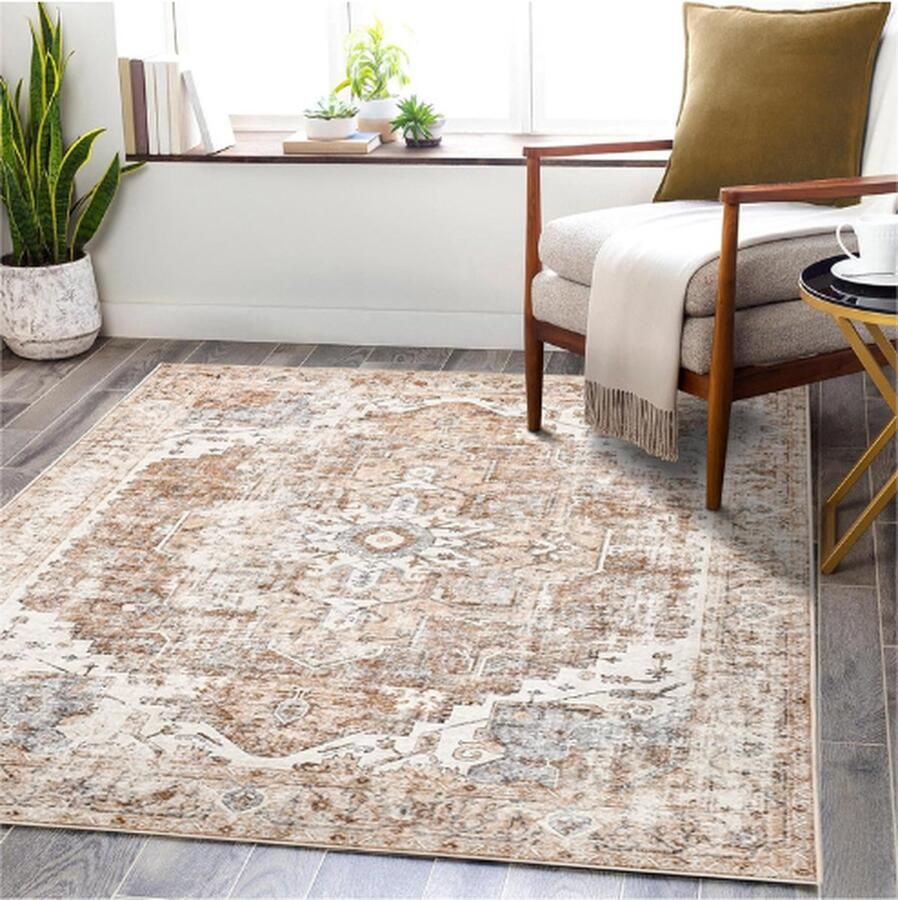 PEAM Vloerkleed 180 X 270 Cm Baksteenrood Bloemen Opvouwbaar Wasbaar Superdun Vintage Bloementapijt Laagpolig Oosters Keukentapijt Voor Binnen Slaapkamer Woonkamer Eetkamer Kantoor Hal