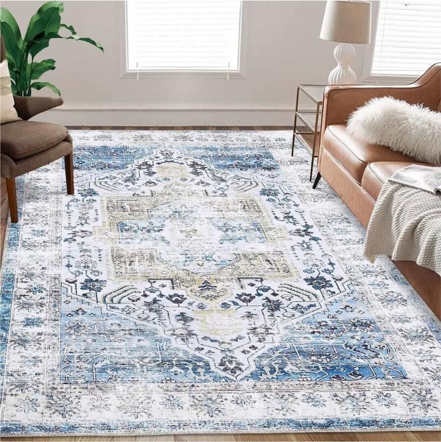 PEAM Vloerkleed In De Machine Wasbaar Vintage Design Tapijt Antislip Voor Woonkamer Slaapkamer Blauw Bloemenprint 160 X 230 CM