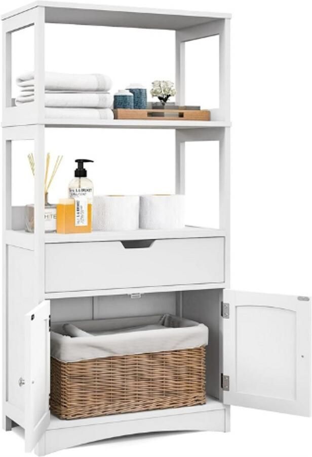 PEAM Vrijstaande Badkamerkast – Hoge Kast voor Badkamer met 2 Deuren 3 Open Planken en Lade – Moderne Multifunctionele Kast voor Badkamer Keuken Woonkamer (Wit)