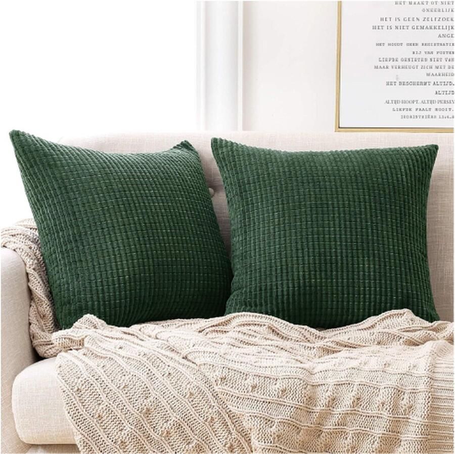 PEAM Wafelstructuur Corduroy Kerst Kussenhoes Zonder Vulling Onzichtbare Rits Voor Bank Slaapkamer Auto 45x45 Cm Donkergroen 2 Stuks