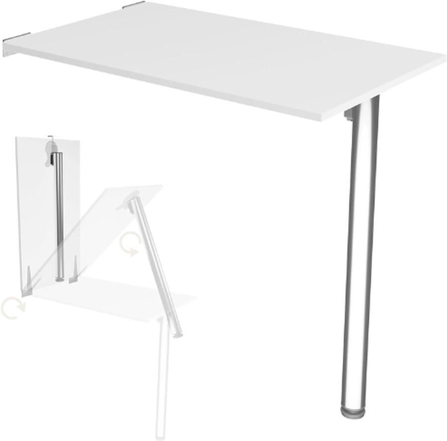 PEAM Wandklaptafel Met Tafelpoot Bureautafelblad 80x50 Cm Wit Inklapbare Eettafel Keukentafel Voor Aan De Muur Stevige Bartafel Wandtafel Inklapbaar Voor Wandmontage Op Kantoor Of In De Keuken
