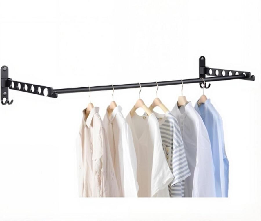 PEAM Wandkledingkast Opvouwbaar Kledingrek Met Stang Wandmontage Met Kasthaken Voor Slaapkamer-Wasruimte Zwart Set Van 2 Stuks + Staven