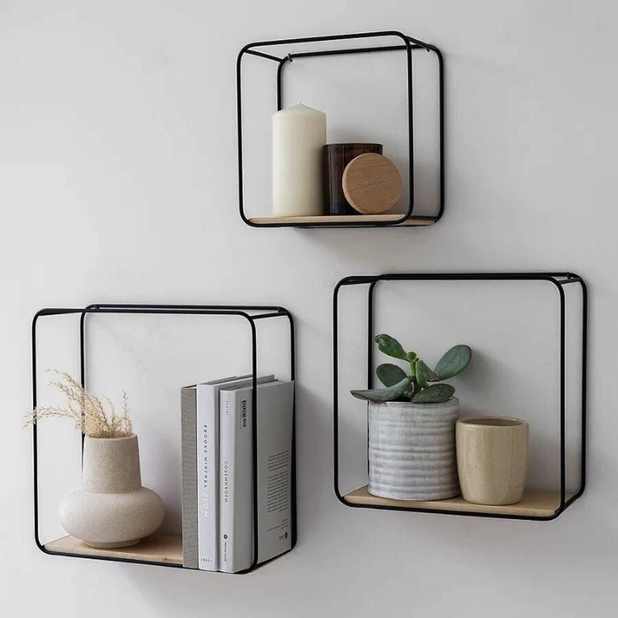 PEAM Wandplanken 3-Delige Set van Metaal en Echt Houtfineer Decoratieve Planken en Opbergruimte voor Badkamer Woonkamer Keuken en Slaapkamer Berkenhout