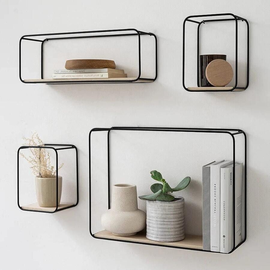 PEAM Wandplanken 4-Delige Plankenunit van Metaal en Echt Houtfineer Multifunctionele Opslag en Decor voor Badkamer Woonkamer Keuken Slaapkamer en Meer Berken