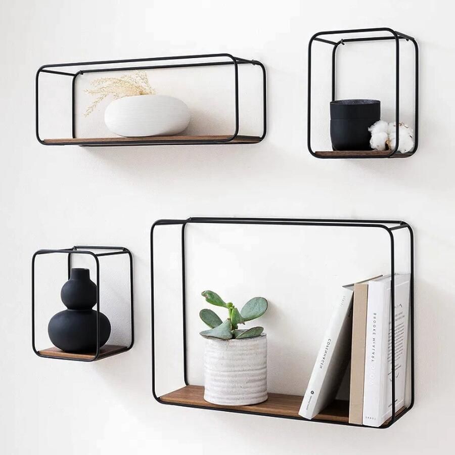 PEAM Wandplanken 4-Delige Plankenunit van Metaal en Echt Houtfineer Wanddecoratie Opslag en Boekenplank voor Badkamer Woonkamer Keuken Slaapkamer en Meer Walnoot