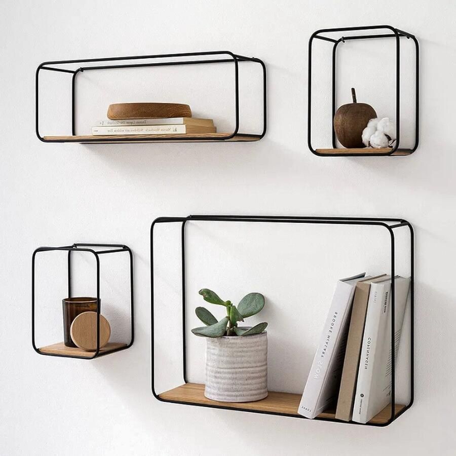 PEAM Wandplanken 4-Delige Plankenunit van Metaal en Houtfineer Multifunctionele Opslag en Decor voor Badkamer Woonkamer Keuken Slaapkamer en Meer Eiken