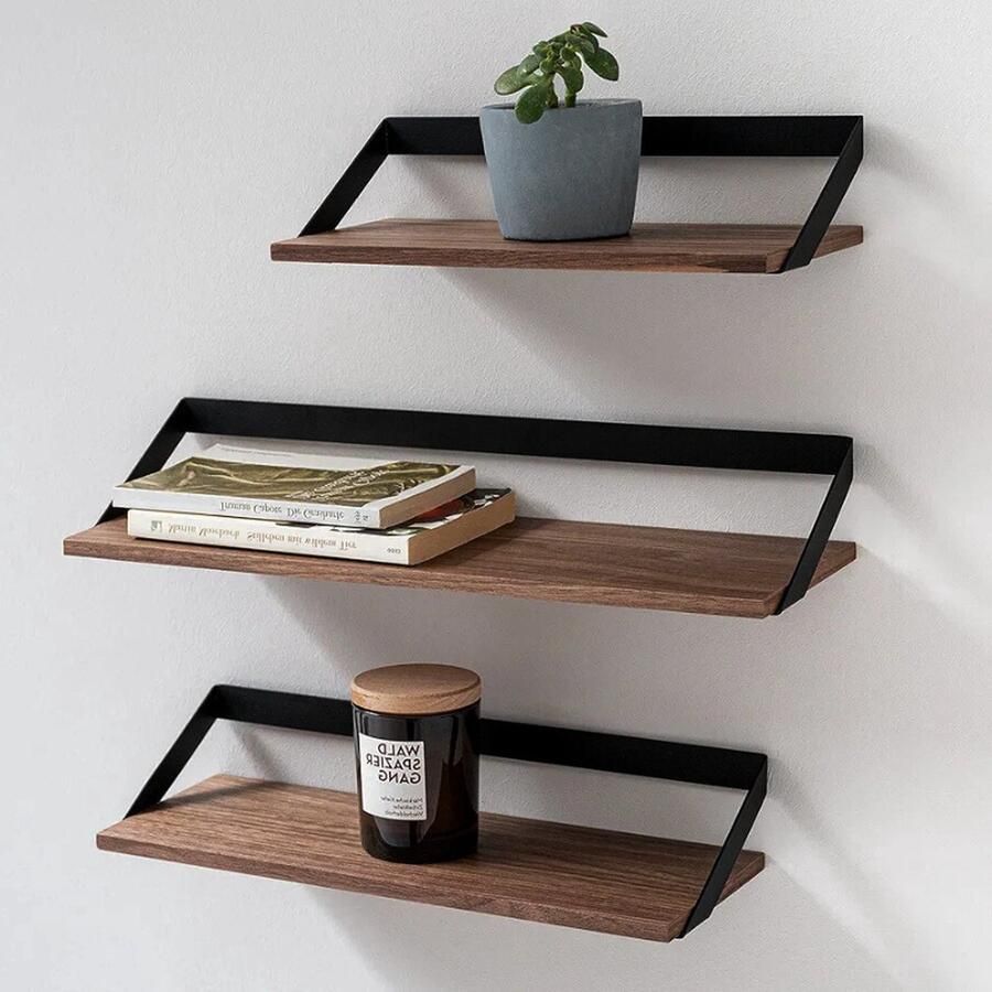 PEAM Wandplanken -Finn- Set van 3 Zwevende Planken van Metaal en Echt Houtfineer Multifunctionele Opslag en Decor voor Woonkamer Keuken Slaapkamer Walnoot