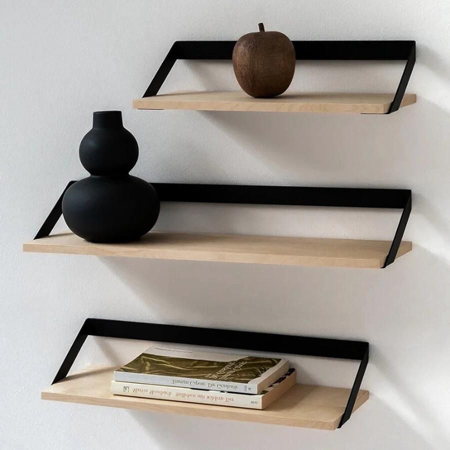 PEAM Wandplanken -Finn- Set van 3 Zwevende Planken van Metaal en Echt Houtfineer Multifunctionele Wanddecoratie en Opslag voor Woonkamer Keuken Slaapkamer Berken