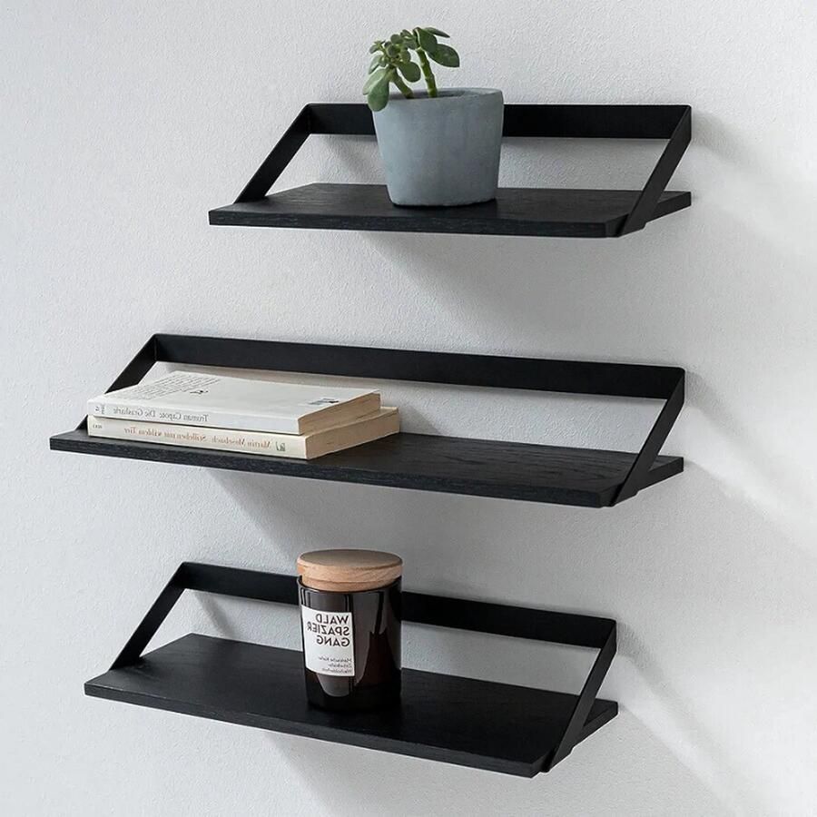 PEAM Wandplanken -Finn- Set van 3 Zwevende Planken van Metaal en Echt Houtfineer Wanddecoratie Opbergruimte en Plank voor Woonkamer Keuken Slaapkamer Eiken Zwart