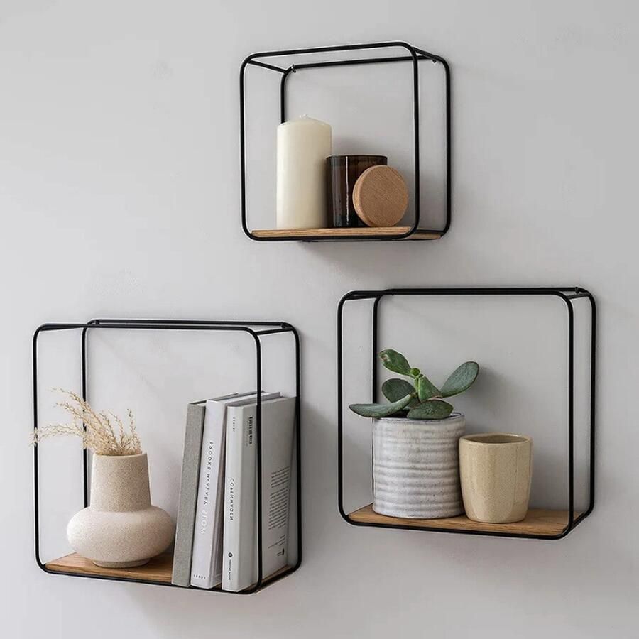 PEAM Wandplanken Set van 3 Zwevende Planken van Metaal en Echt Houtfineer Decoratieve en Functionele Opbergruimte voor Badkamer Woonkamer Keuken en Slaapkamer Eikenhout