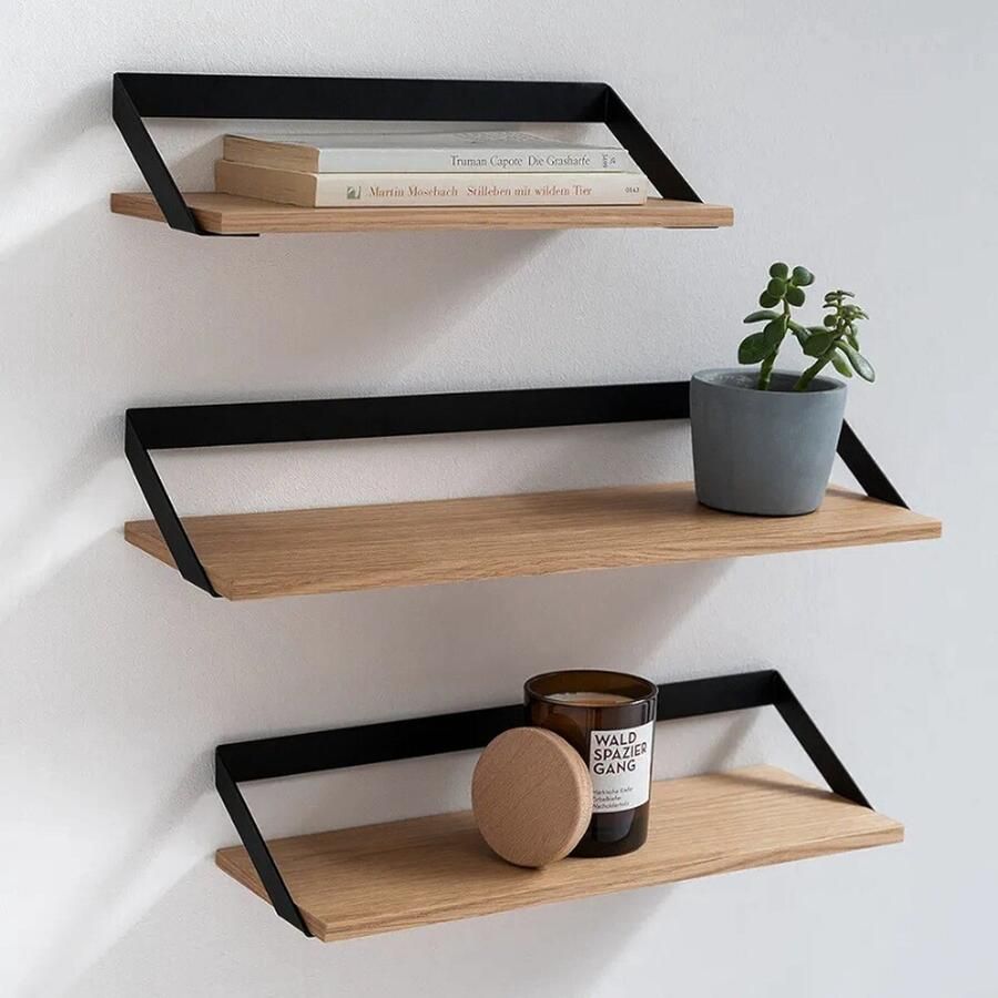 PEAM Wandplanken Set van 3 Zwevende Planken van Metaal en Echt Houtfineer Wanddecoratie en Opbergruimte voor Woonkamer Keuken en Slaapkamer Eiken