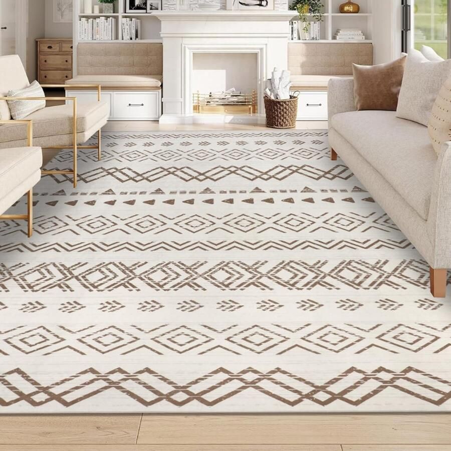 PEAM Wasbaar Boho Vloerkleed 160x230cm Zacht & Antislip Tapijt Voor Woonkamer Slaapkamer Kinderkamer & Kantoor Beige