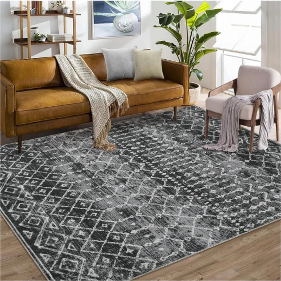 PEAM Wasbaar Vloerkleed Marokkaans Tapijt Antislip Groot Tapijt Voor Woonkamer Opvouwbaar Vloerkleed Met Laagpolige Vloermat Kantoor Slaapkamer Zwart 160 x 230 cm