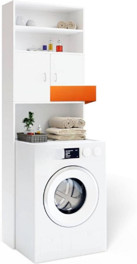 PEAM Wasmachine Kast Meubel Wit Badkamerkast Met 2 Deuren Hoog Opbouwmeubel Voor Boven Wasmachine 185X63X20 Cm Badkamermeubel Met Opbergruimte