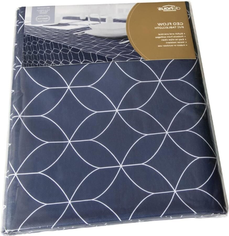 PEAM Wipe Clean Tafelkleed Marineblauw Geo Flow Afveegbaar PVC Tafelzeil Tafelkleed Rechthoekig Plastic Vinyl Tafelkleed Waterbestendig Gemakkelijk Te Reinigen Eettafel Beschermer (140 x 240 cm)