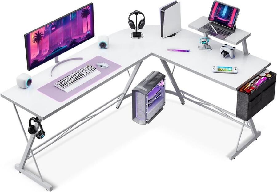 PEAM Witte L-Vormige Gamingtafel Met Monitorplank En Opbergtas – Ruimtebesparend Ontwerp 167x120 cm Voor Ultieme Gamingcomfort